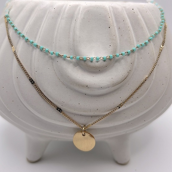 Boho Necklace And Earring Set - Faceted Turquoise & Gold Chain Necklace W/Hoops - Picture 3 of 6